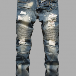 Casual Broken Holes Patchwork Blue Men Jeans