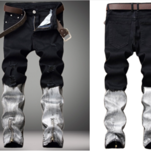 Casual Mid Waist Color-lump Patchwork Black Men Jeans