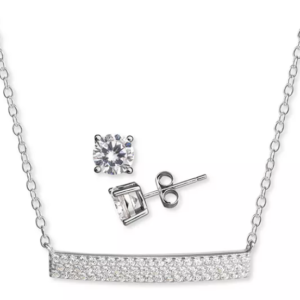 2-Pc. Set Pavé Bar Pendant Necklace & Solitaire Stud Earrings in Sterling Silver