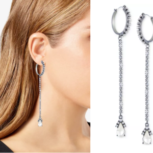 Guess - Hematite Tone Crystal Linear Drop Hoop Earrings